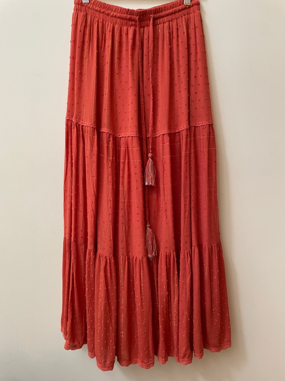 Coral Tiered Maxi Skirt with Tassel Drawstring